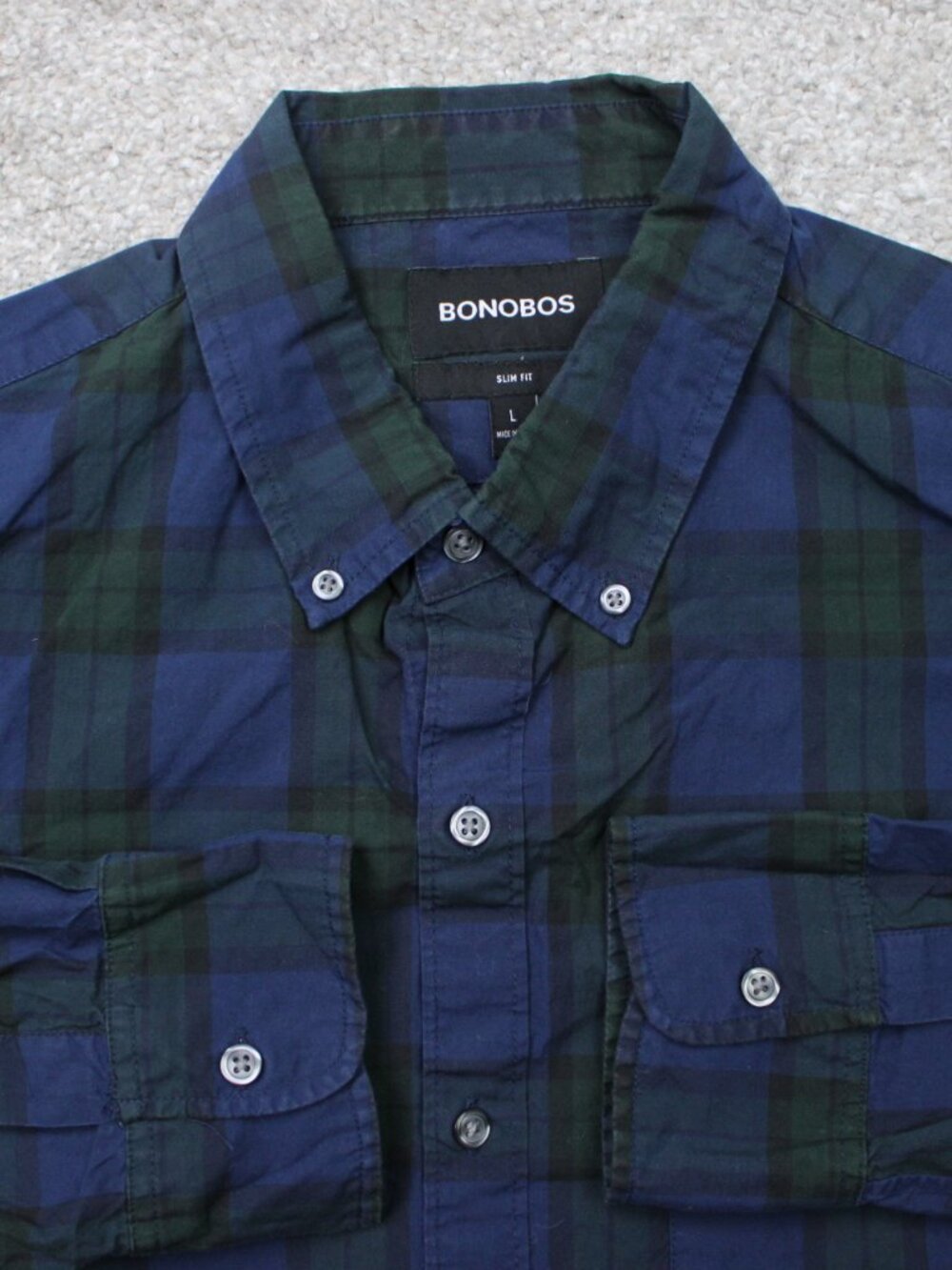 Bonobos Shirt Men Large Blue/Green Plaid Slim Fit 100% Cotton Long Sleeve Casual